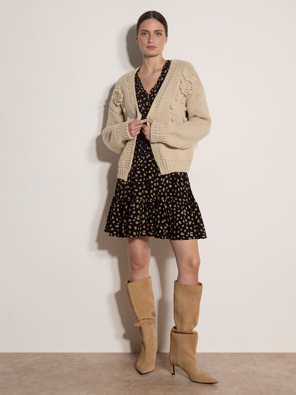 Rose Applique Chunky Knit Cardigan, Stone, large