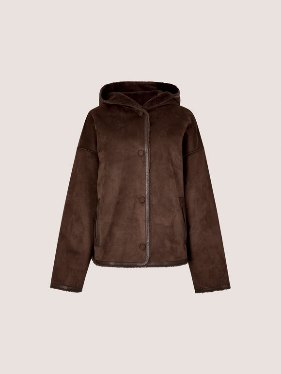 Reversible Faux Fur Suede Jacket, Brown, large