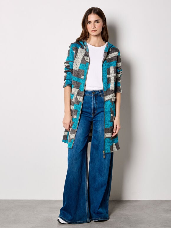 Geometric Knitted Zip-Down Cardigan, Dark Grey - Charcoal, large