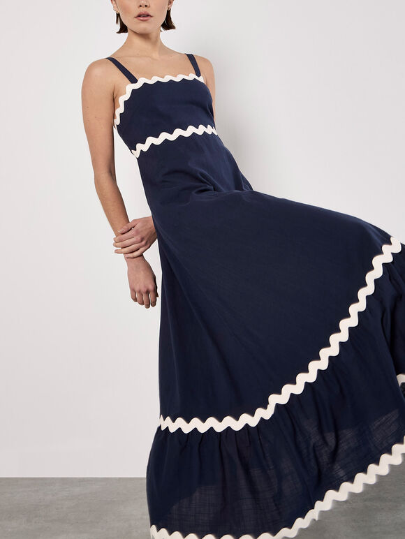 Ric Rac Trim Cotton Midaxi Dress
, Navy, large