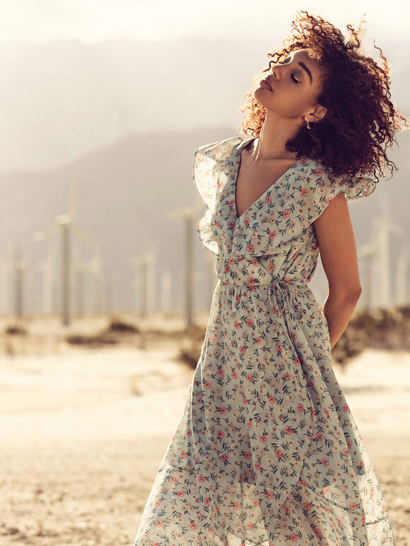 Floral Ruffle Midi Dress, Mint, large