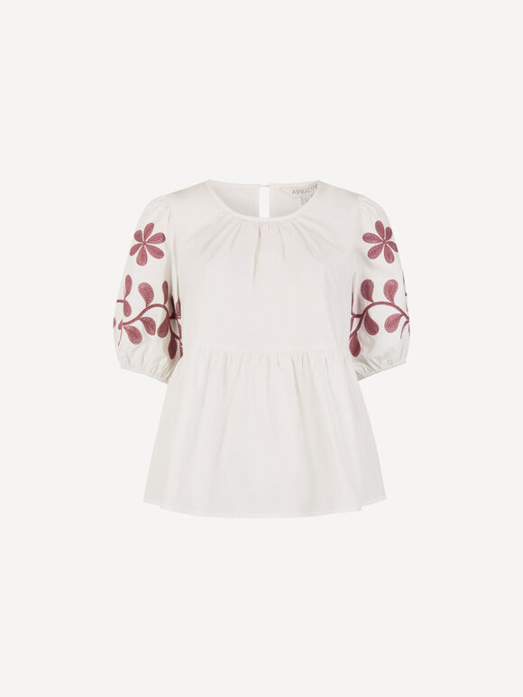 Floral Embroidered Peplum Top, Cream, large