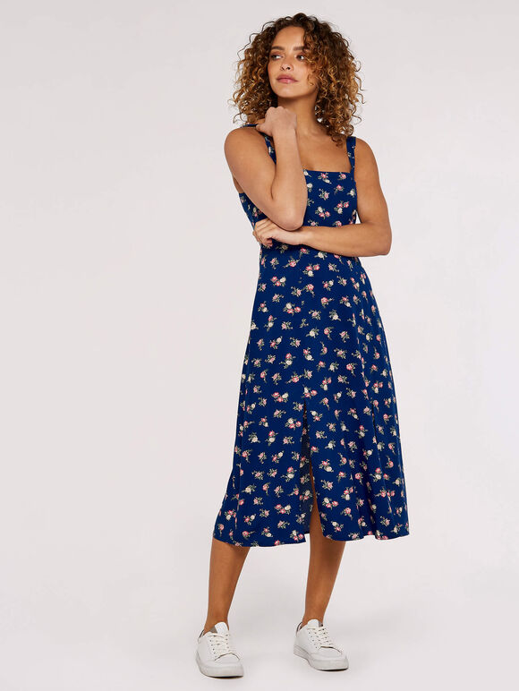 Floral Split Sun Midi Dress, Blue, large