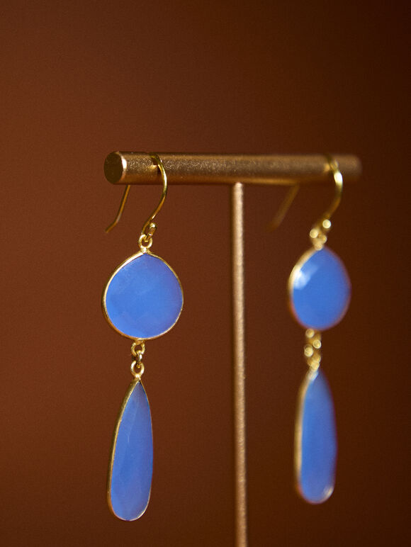 Gold Tone Blue Stone Drop Earrings, Blue, large