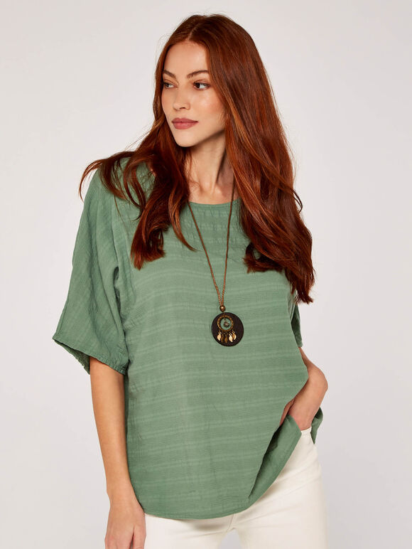 Textured Oversized Necklace Top, Green, large