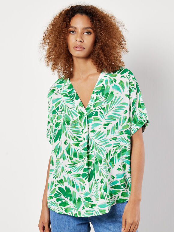 Tropical Leaf Print Pleat Top, Cream, large