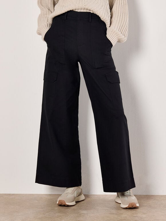 Wide Leg Cotton Cargo Trousers, Black, large