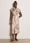 Tropical Leaf Satin Shirt Midi Dress, Stone, large