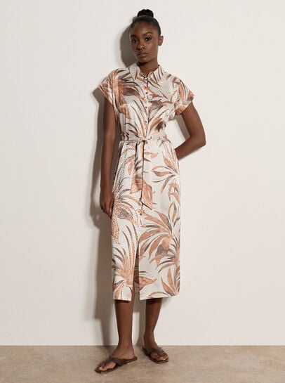 Tropical Leaf Satin Shirt Midi Dress