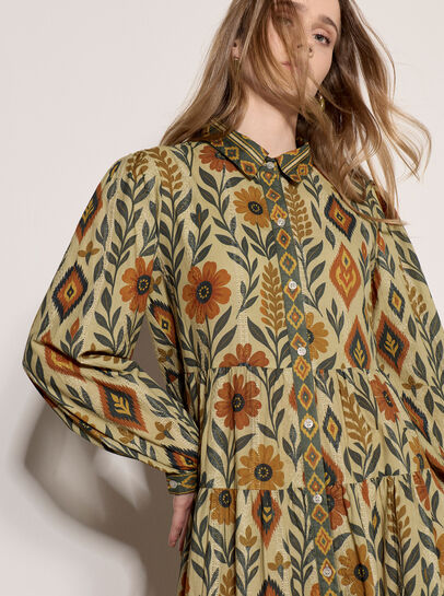 Floral Leaves Tiered Shirt Midi Dress