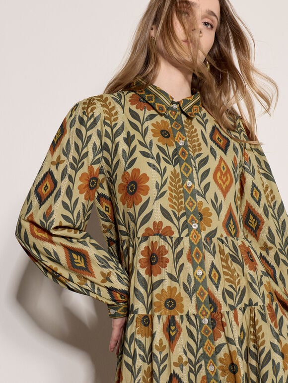 Floral Leaves Tiered Shirt Midi Dress, Green, large