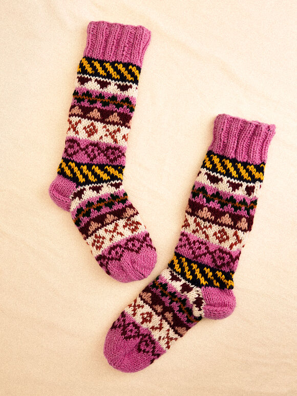 Hand-Knitted Long Stripe Socks, Pink, large