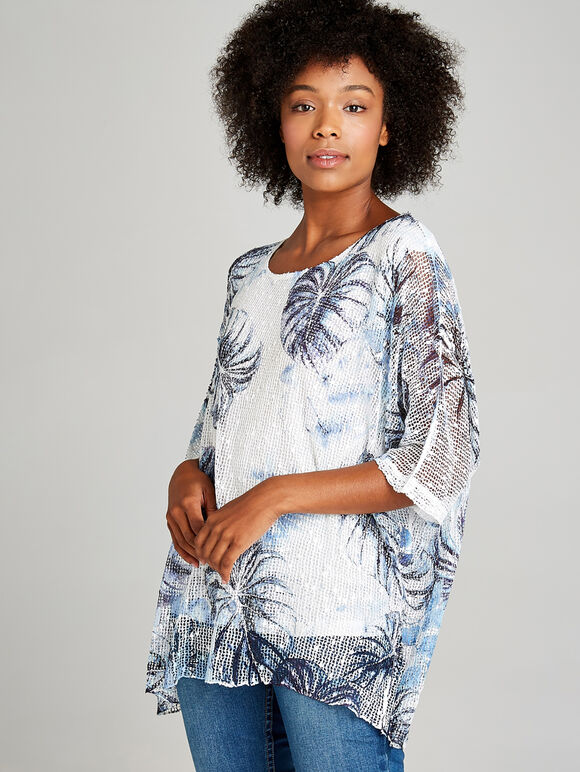Palm Print Oversized Top, Blue, large