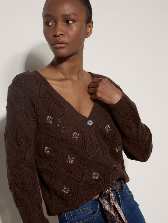 Pointelle Diamond Floral Cotton-Blend Cardigan, Brown, large