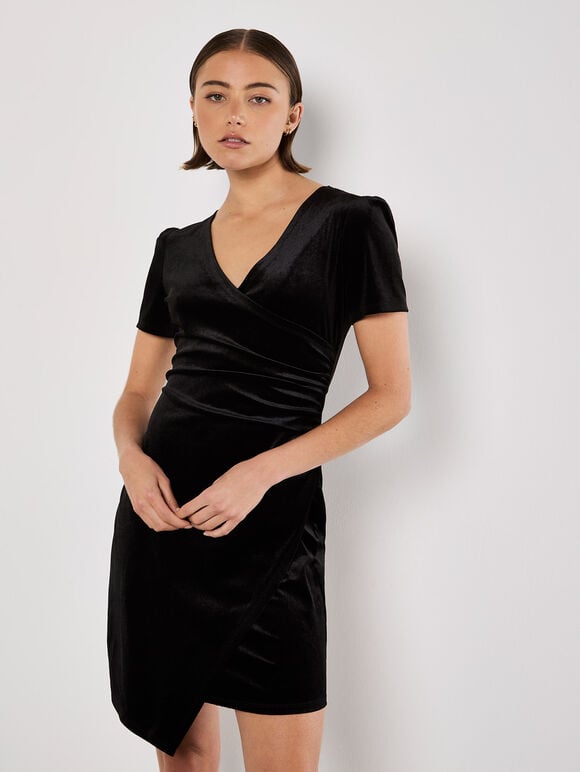 Velvet Ruched Bodycon Mini Dress, Black, large