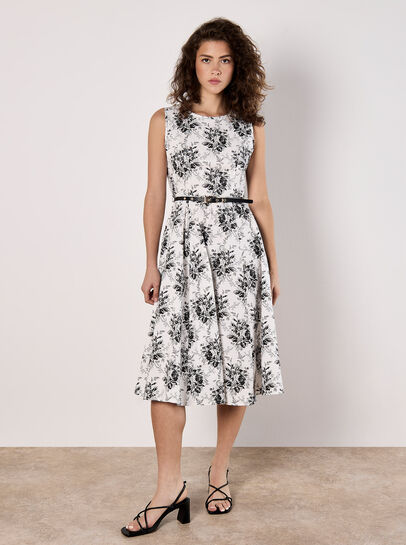 Rose Print Fit and Flare Midi Dress