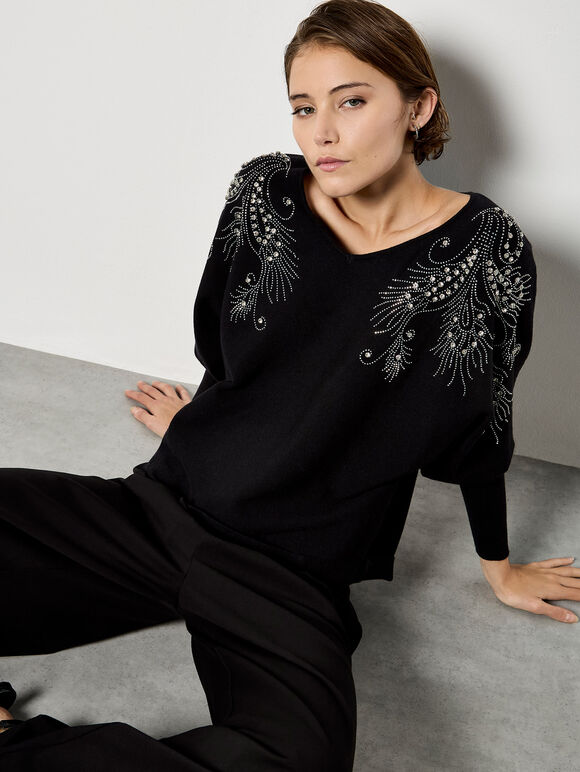 Diamante Feathers Fine Knit Jumper, Black, large