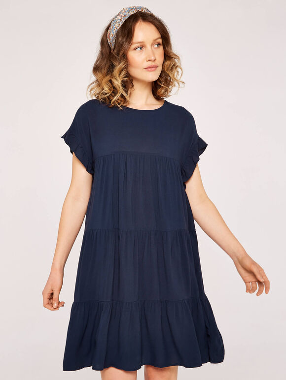 Ruffle Sleeve Detail Tiered Dress, Navy, large