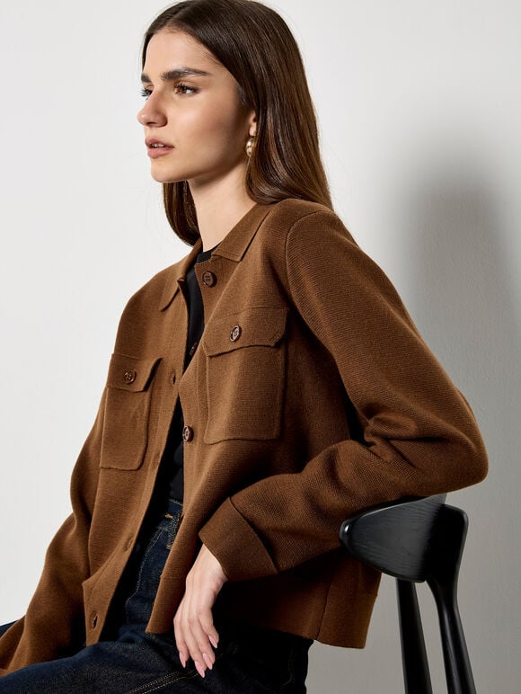 Patch Pocket Knitted Cardigan, Rust, large