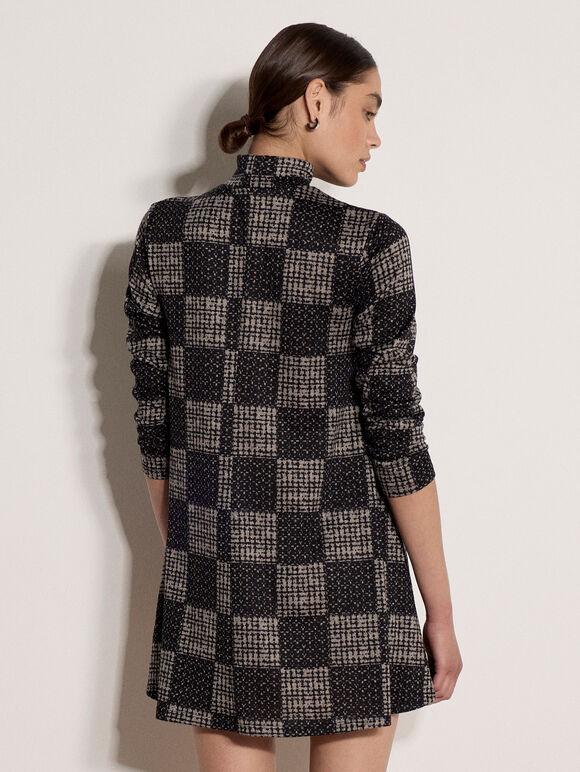 Textured Check Swing Mini Dress, Mocha, large