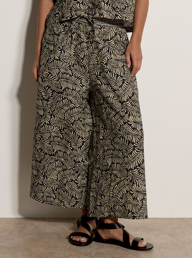 Leaf Print Cotton Culotte Trousers, Black, large