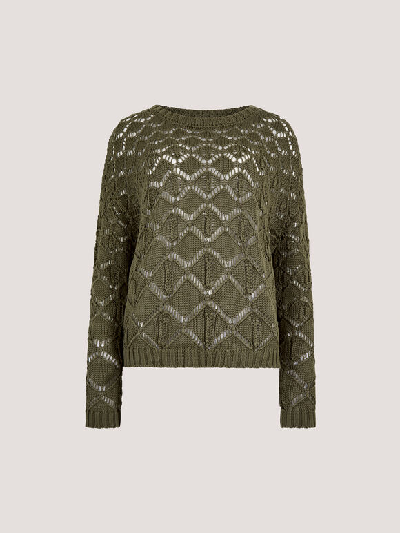 Diamond Pointelle Boxy Jumper, Khaki, large