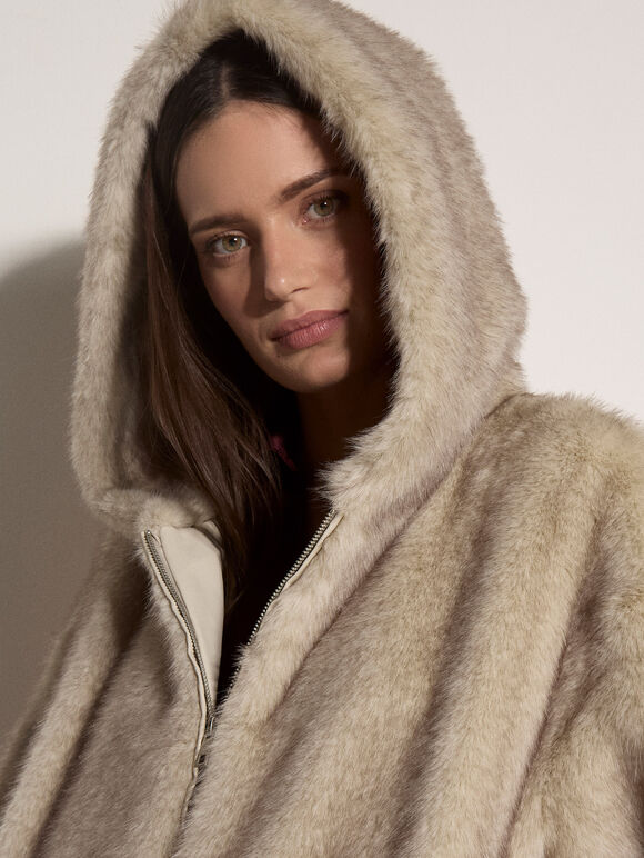 Soft Faux Fur Hooded Jacket, Grey, large