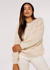 Aran Knit Pom Pom Jumper, Stone, large