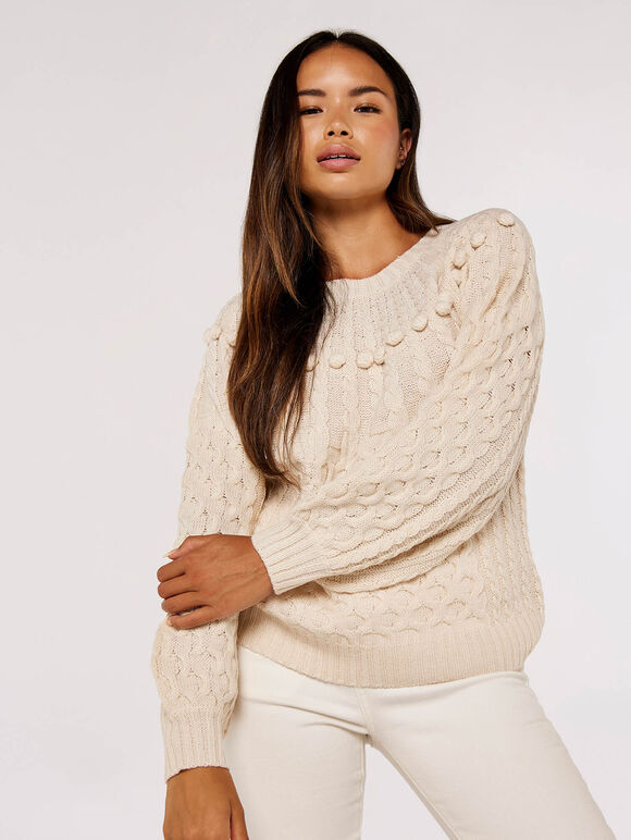 Aran Knit Pom Pom Jumper, Stone, large