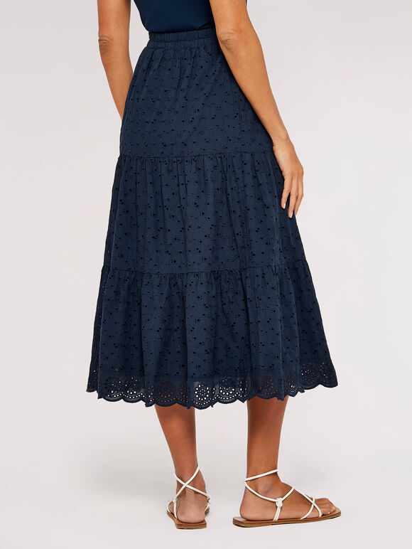 Broderie Tiered Midi Skirt, Navy, large