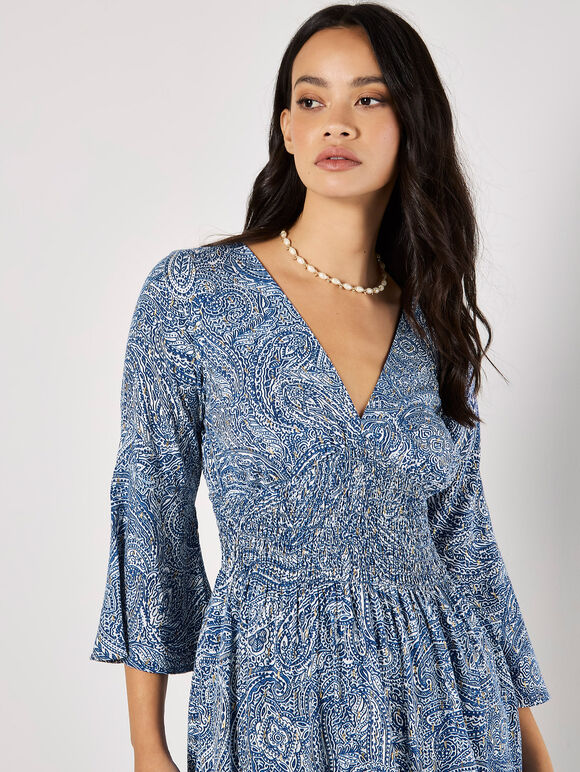 Metallic Dobby Paisley Mini Dress, Blue, large