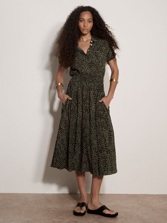Animal Spot Print Shirt Midi Dress, Khaki, large