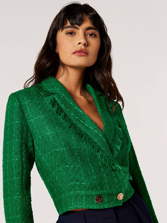 Blazer court en tweed à franges, Vert, grand