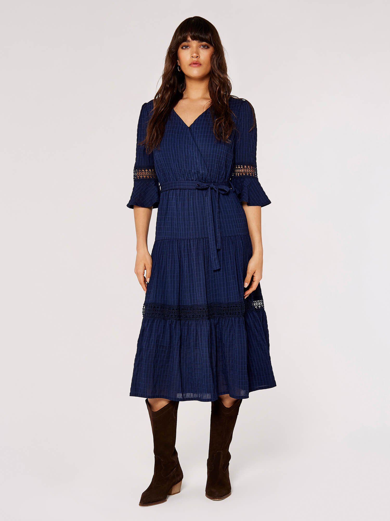 Navy crochet cap sleeve midi dress clearance