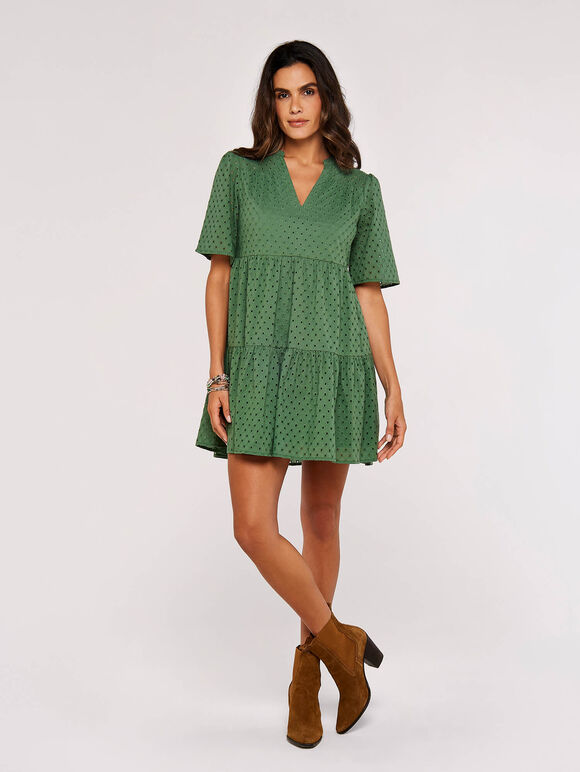 Broderie Anglaise Mini Dress, Khaki, large