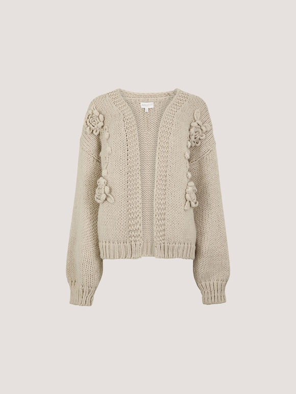 Rose Applique Chunky Knit Cardigan, Stone, large