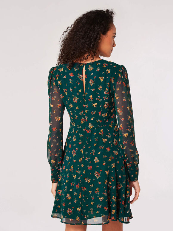 Ditsy Floral Chiffon Mini Dress, Green, large