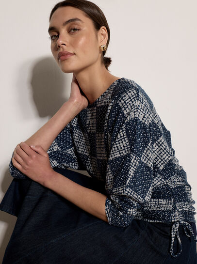 Textured Check Ruched Batwing Top