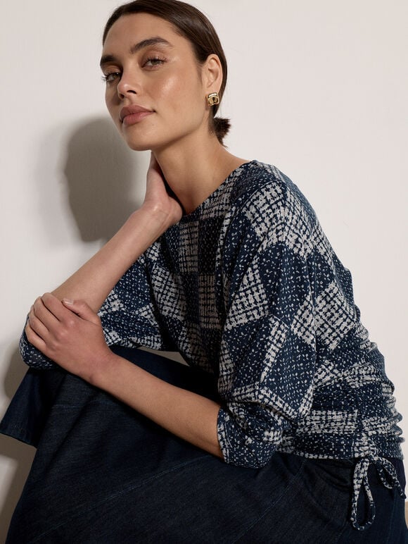 Textured Check Ruched Batwing Top, Navy, large