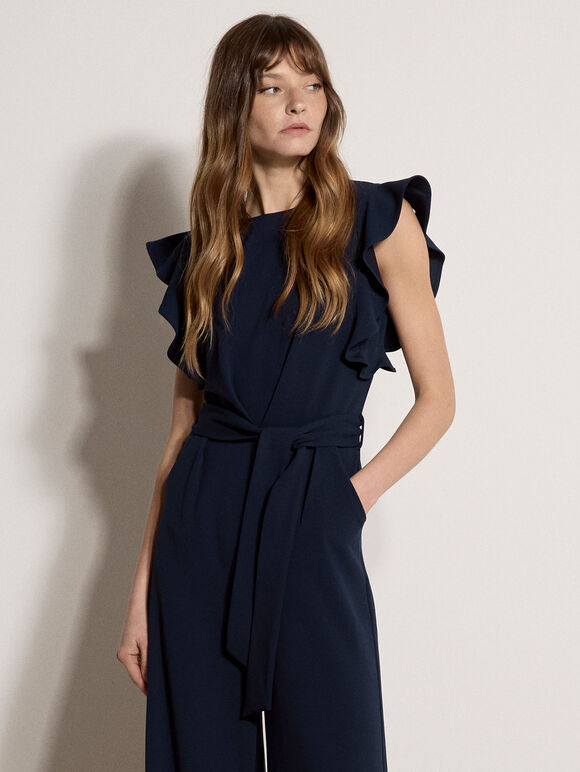 Ruffle Sleeve Jersey Jumpsuit, Navy, large