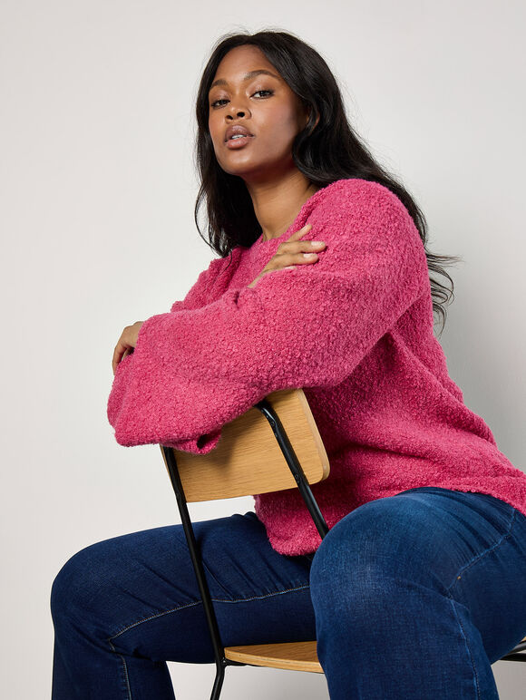 Curve Bell Sleeve Boucle Jumper, Fuchsia, large