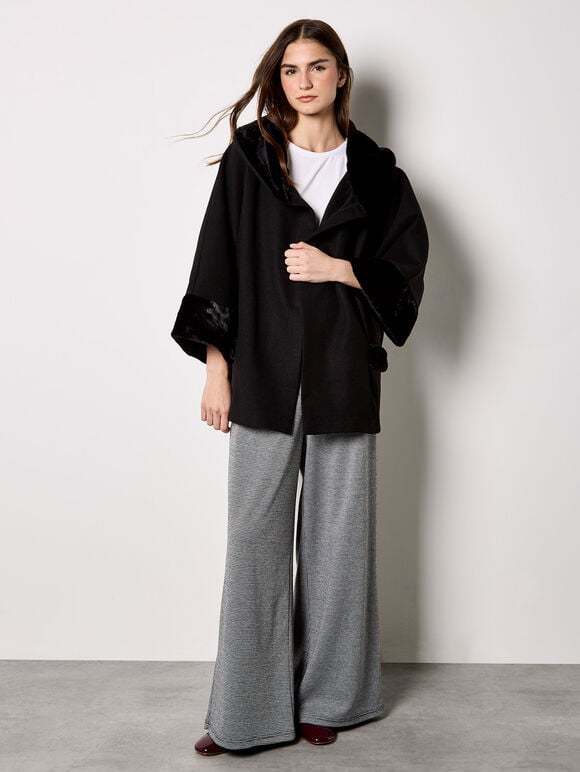 Faux Fur Trim Wrap Jacket, Black, large