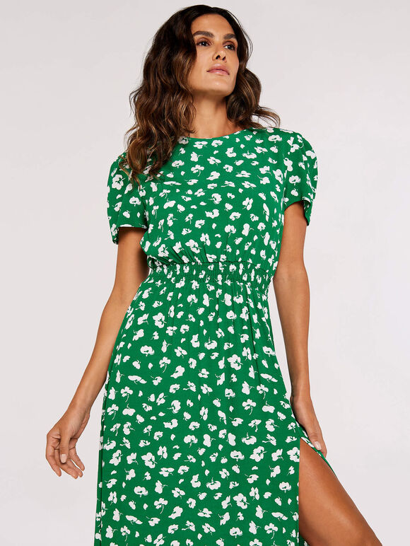 Floral Split Midi Dress, Green, large