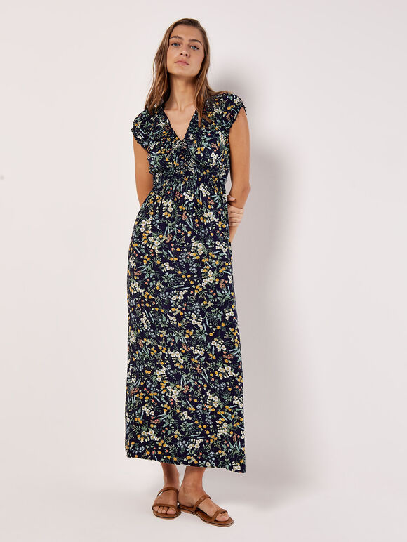 Robe longue à fleurs botaniques Ditsy, bleu marine, grande