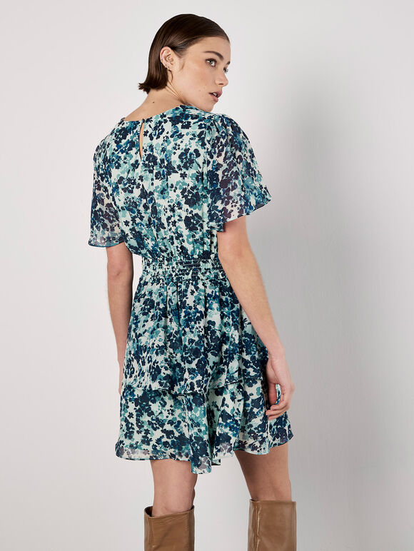Blurred Floral Tiered Mini Dress, Blue, large