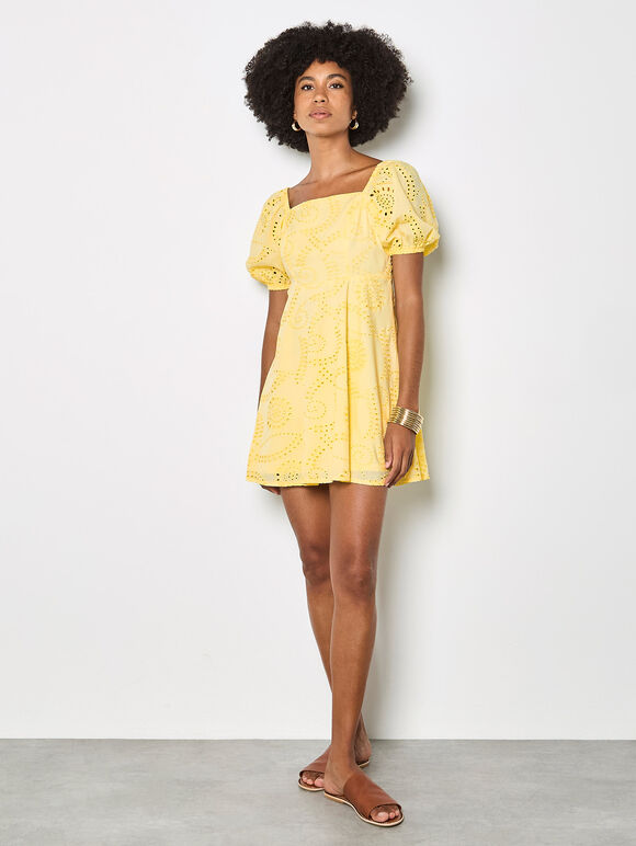 Floral Broderie Mini Dress, Yellow, large