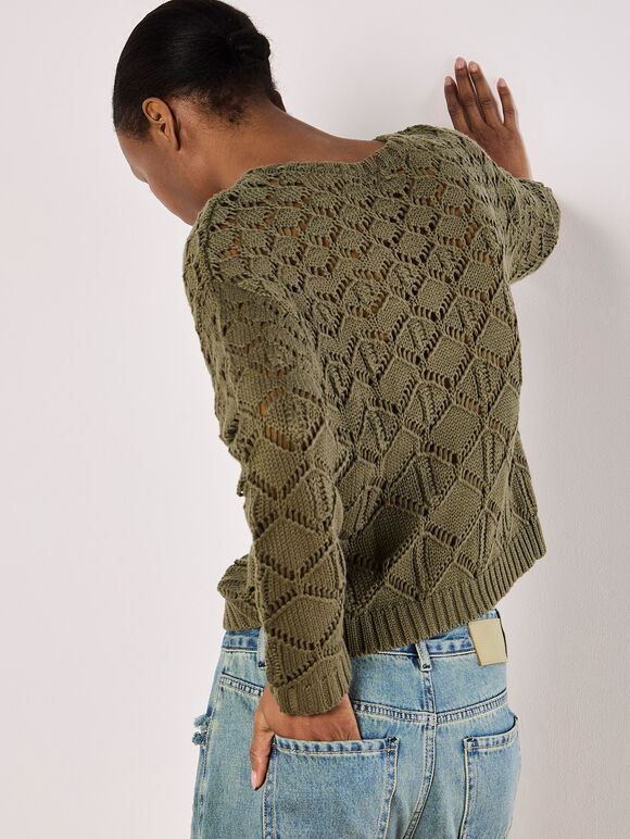 Diamond Pointelle Boxy Jumper, Khaki, large