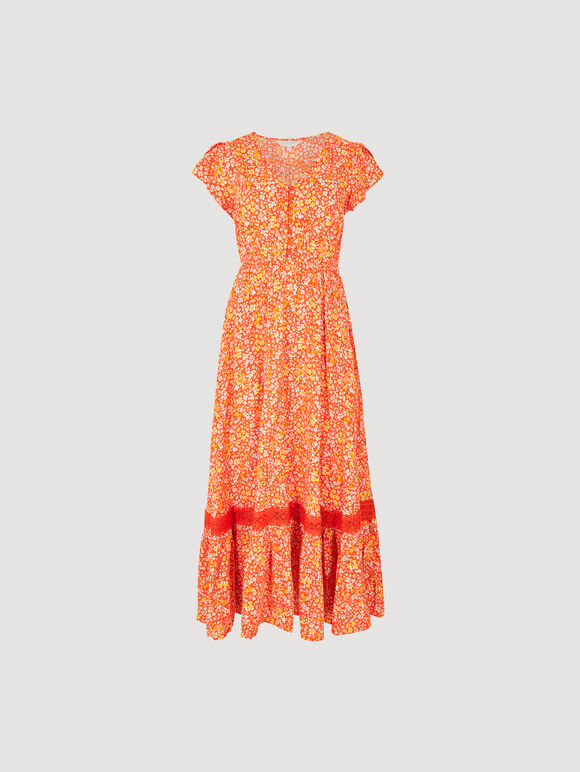 Robe longue fleurie à petites fleurs, Orange, grand