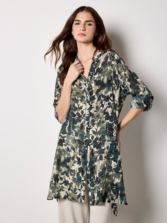 Paintbrush Floral Tunic Shirt, Green, large