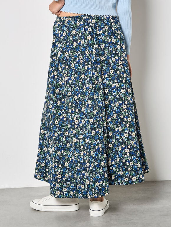 Floral Print A-Line Midaxi Skirt, Navy, large